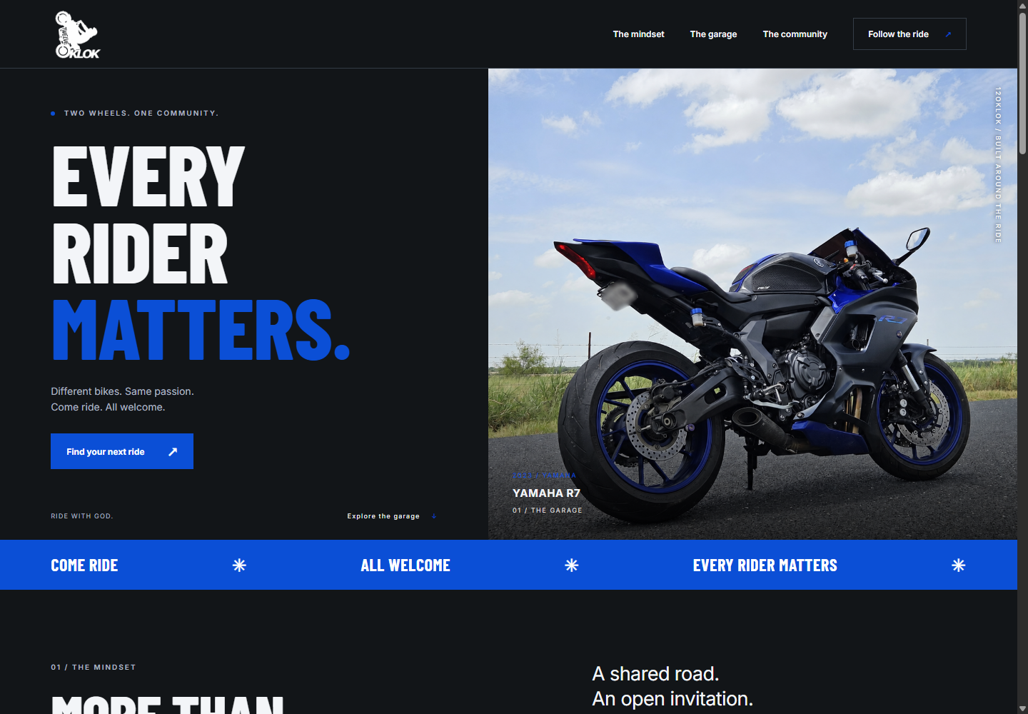 12oklok website design with Every Rider Matters headline and a Yamaha R7 motorcycle photograph